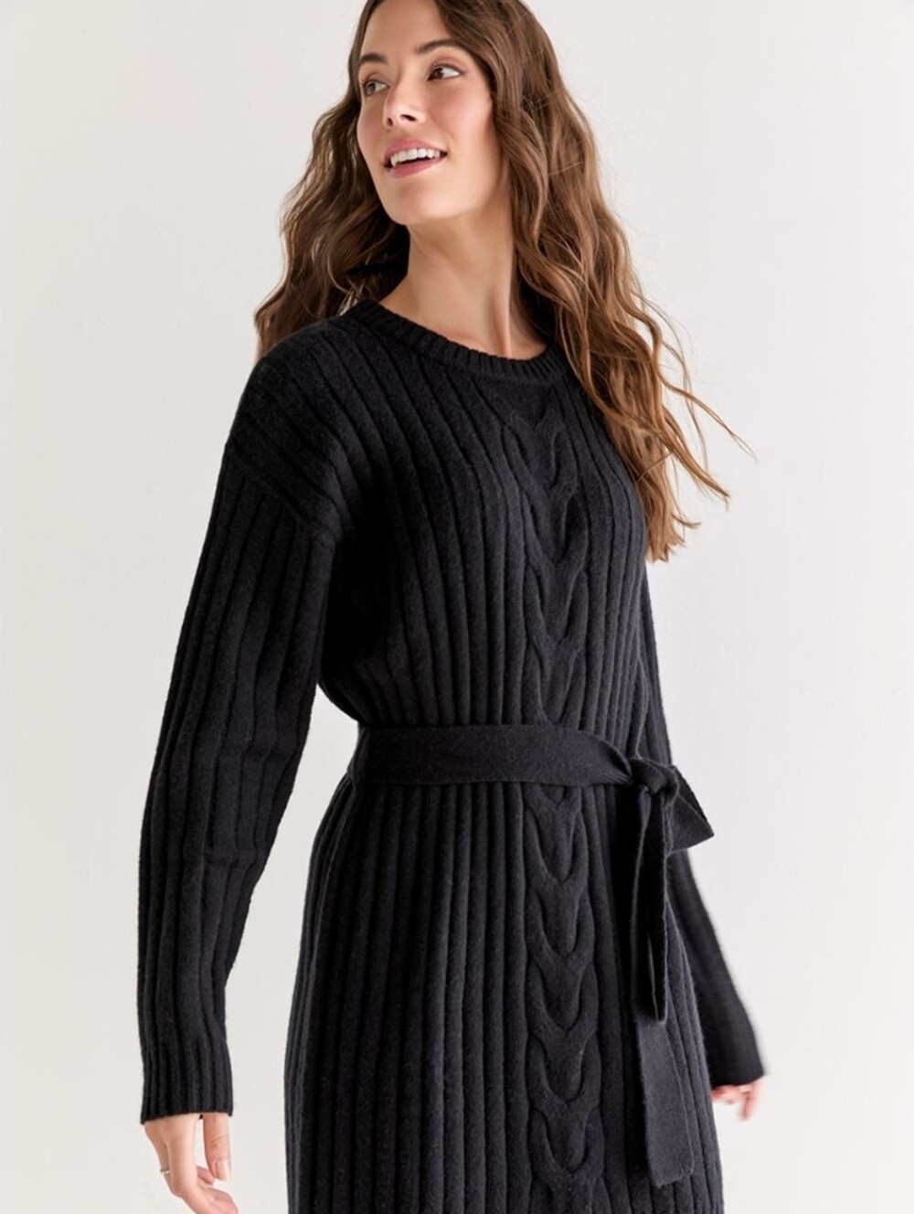 Trixxi Black Cable-Knit Long Sleeve Belted Sweater Dress